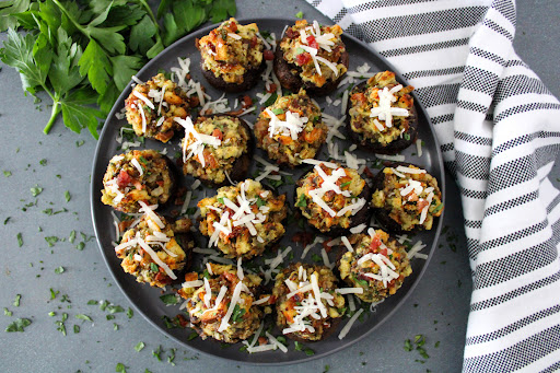 A platter of Stiff Arm Stuffed Mushrooms.