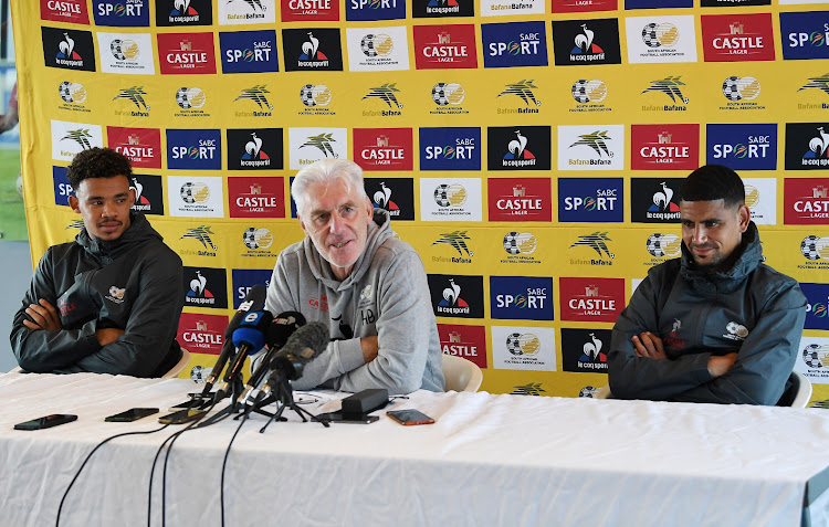 Bafana Bafana coach Hugo Broos, flanked by captain Ronwen Williams and Keagan Dolly, in a press conference at Dobsonville Stadium on November 8 2021. Picture: GALLO IMAGES/LEFTY SHIVAMBU