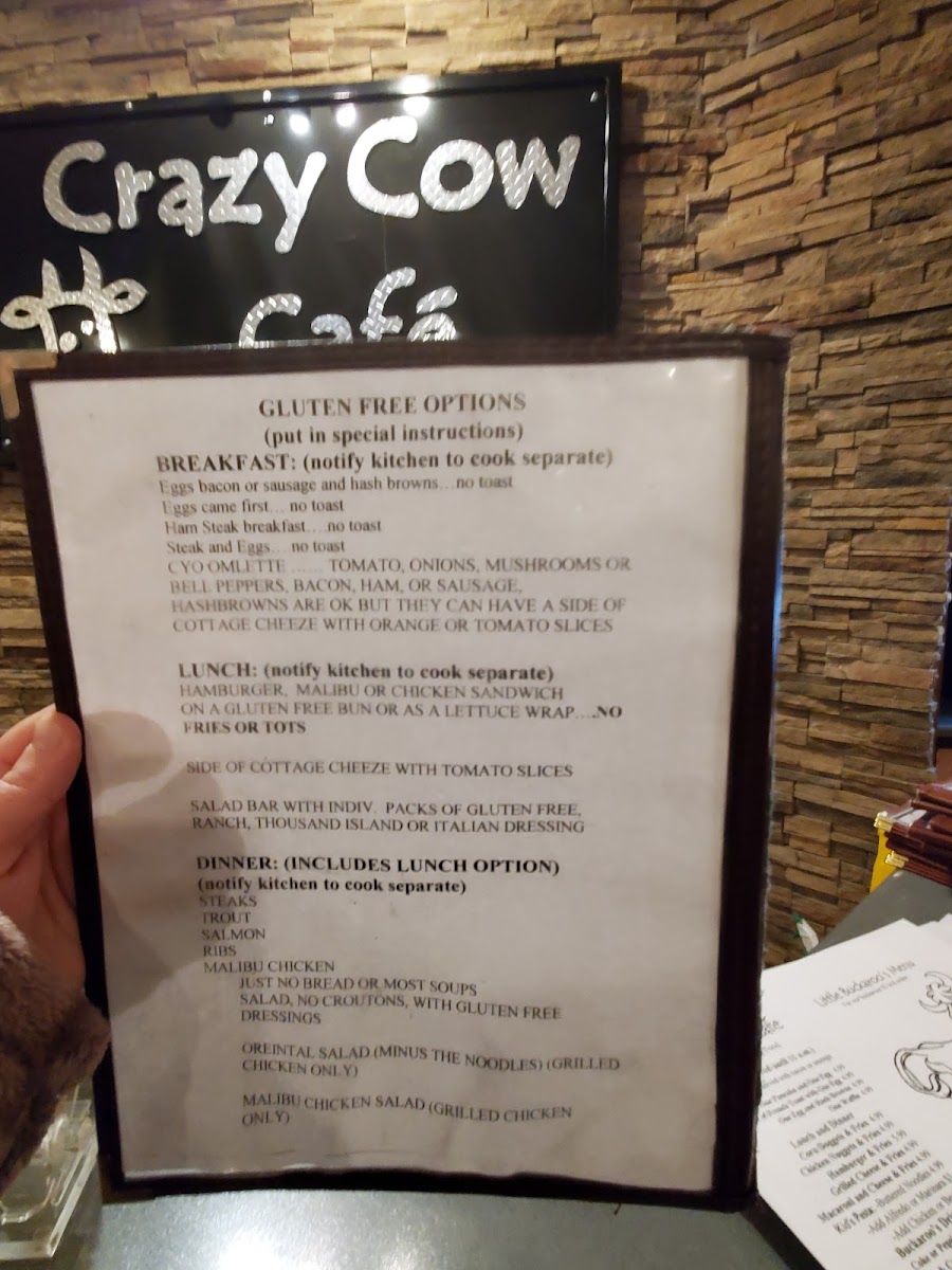 Crazy Cow Cafe gluten-free menu