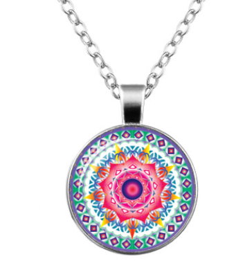 Mandala Flower Time Gemstone Glass Pendant Necklace Jewelry