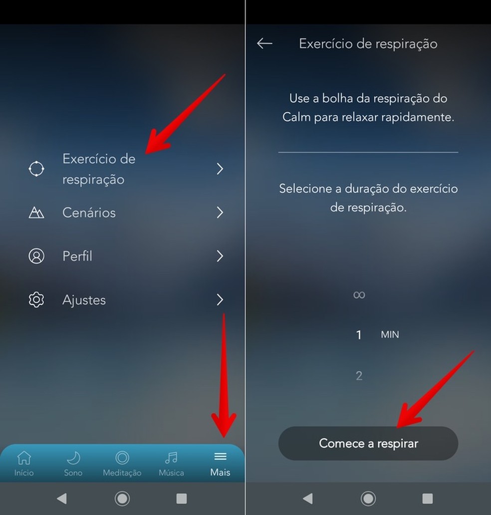 Exercícios para respiração do app Calm — Foto: Reprodução/Helito Beggiora