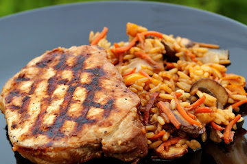 Grilled Teriyaki Pork Chops with Stir-Fried Vegetables and Rice