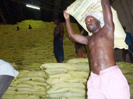 A worker carries a sack of fertiliser at a National Cereals and Produce Board store/FILE