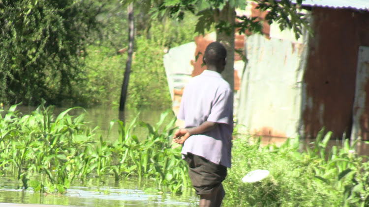 A resident walks through his farm destroyed by floods following heavy down pour in Kisumu's Ayweyo area in Nyando subcounty on April 16, 2024.