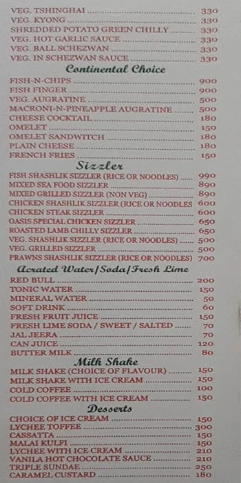 Oasis menu 