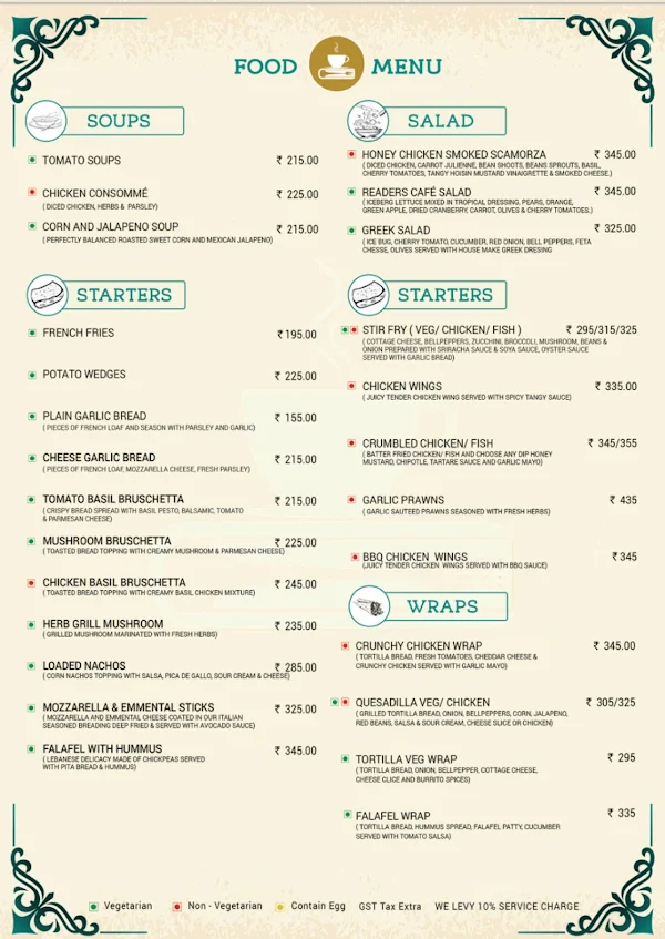 The Reader's Cafe menu 