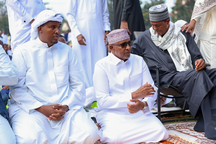 Defence Cabinet Secretary Adan Duale and Kamukunji MP Yusuf Hassan Abdi join other Muslim faithful for Eid-ul-Fitr prayers at the Eastleigh High School Grounds on April 10, 2024