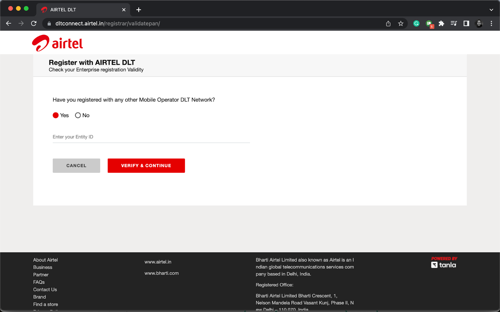 Registration questions on Airtel DLT portal | SMScountry
