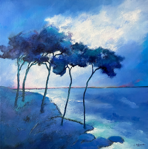 La route des Sanguinaires Corse du Sud, Ajaccio, Peinture de Lydie Allaire, artiste à Nantes, artiste peintre, femme artiste, expositions, salons de peinture, Art, Art contemporain, Lydie Allaire peint la mer, océan, tableau de la mer, arbres bleus de Lydie Allaire, Route des Sanguinaires à Ajaccio, vacances en Corse, Corsica