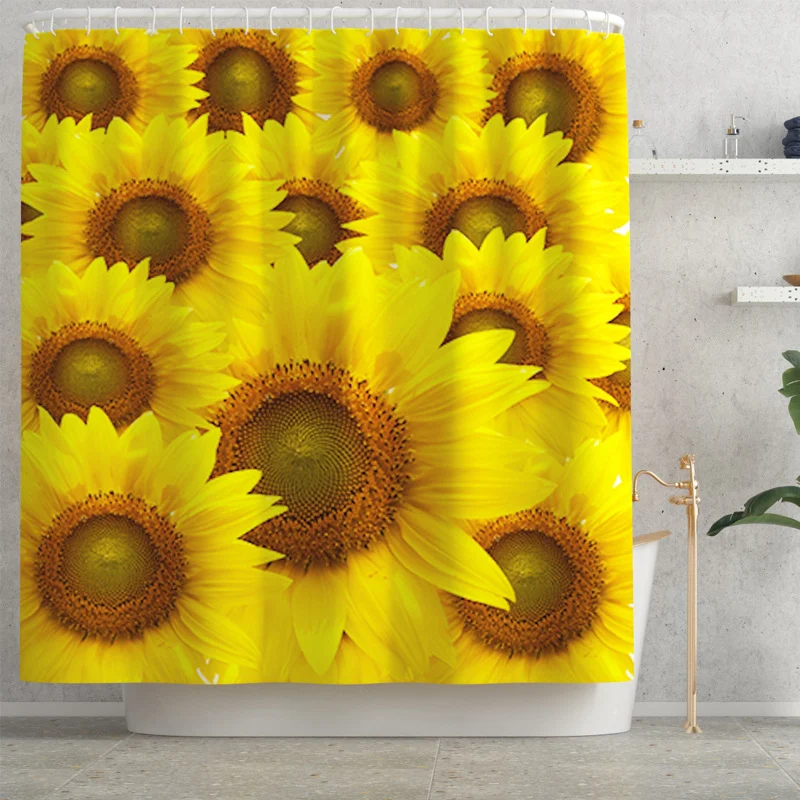 Cortina de ducha con estampado de girasoles, juego de cuatro piezas con alfombra, transforma tu baño con estilo y funcionalidad.