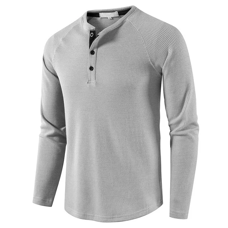 Muška Henley majica okruglog izreza sa dugim rukavima i vafl teksturom. Američki casual stil, POIO košulja za muškarce.