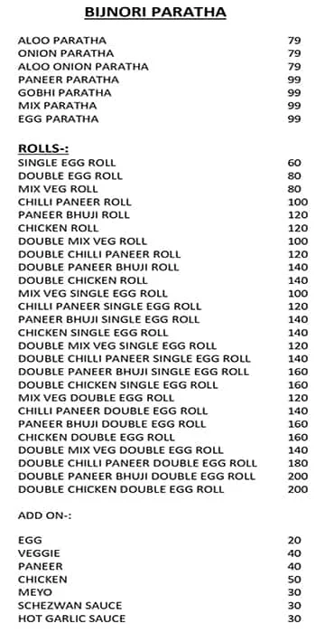 Bijnori Paratha menu 