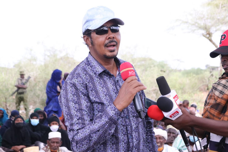 Eldas MP Aden Keynan speaking during a peace meeting in Basir town on Saturday, December 25.