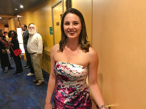Cruise director Erin Duffey during formal night on Holland America's Oosterdam. 