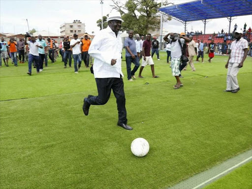 NASA co-principal Raila Odinga when he inspected the 3000-seating capacity Uwanja wa Mbuzi soccer stadium in Nyali built by Mombasa county government, Saturday, March 25, 2017. /EVANS OUMA