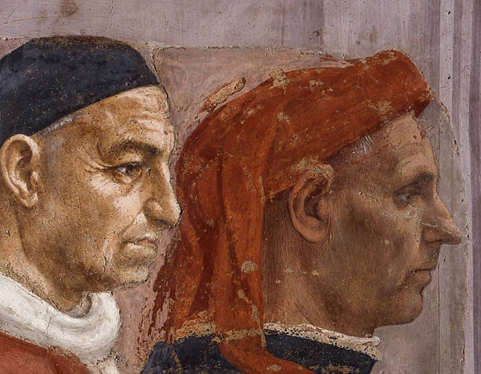 Masaccio e Filippino Lippi, Resurrezione del figlio di Teofilo e san Pietro in cattedra (particolare, due fiorentini assistono al miracolo, a sinistra forse un ritratto del cardinale Branda Castiglione), Cappella Brancacci, Santa Maria del Carmine, Firenze