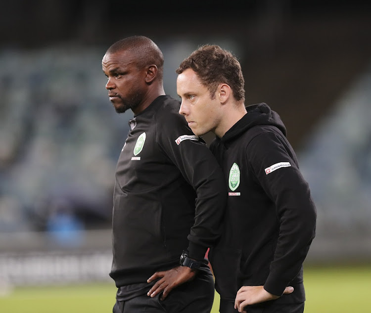 Then AmaZulu head coach Romain Folz and assistant Ayanda Dlamini during a DStv Premiership match against TS Galaxy at Moses Mabhida Stadium on February 18. Folz has been redeployed to technical adviser and Dlamni is now the caretaker coach. Picture: Gavin Barker/BackpagePix