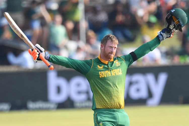 Heinrich Klaasen of the Proteas celebrates his century off 54 balls in the third ODI against the West Indies at Senwes Park in Potchefstroom on Tuesday. Picture: GALLO IMAGES/LEE WARREN