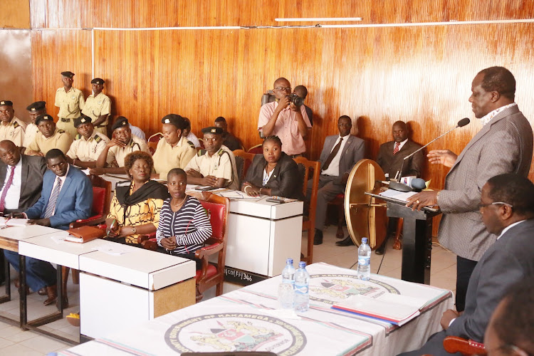 Kakamega Governor Wycliffe Oparanya addresses county staff in his office on Monday last week