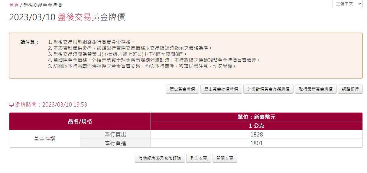 黃金存摺的牌價查詢