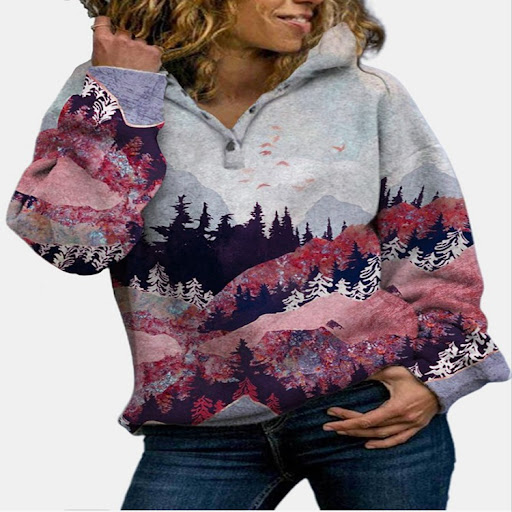 Title 5, Ladies Landscape Print Hooded Casual Sweatshirt...
