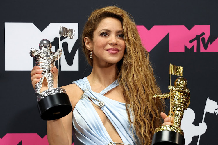 Shakira poses with her Video Vanguard Award and her and Karol G's Best Collaboration Award for "TQG" at the 2023 MTV Video Music Awards at the Prudential Center in Newark, New Jersey, U.S., September 12, 2023.