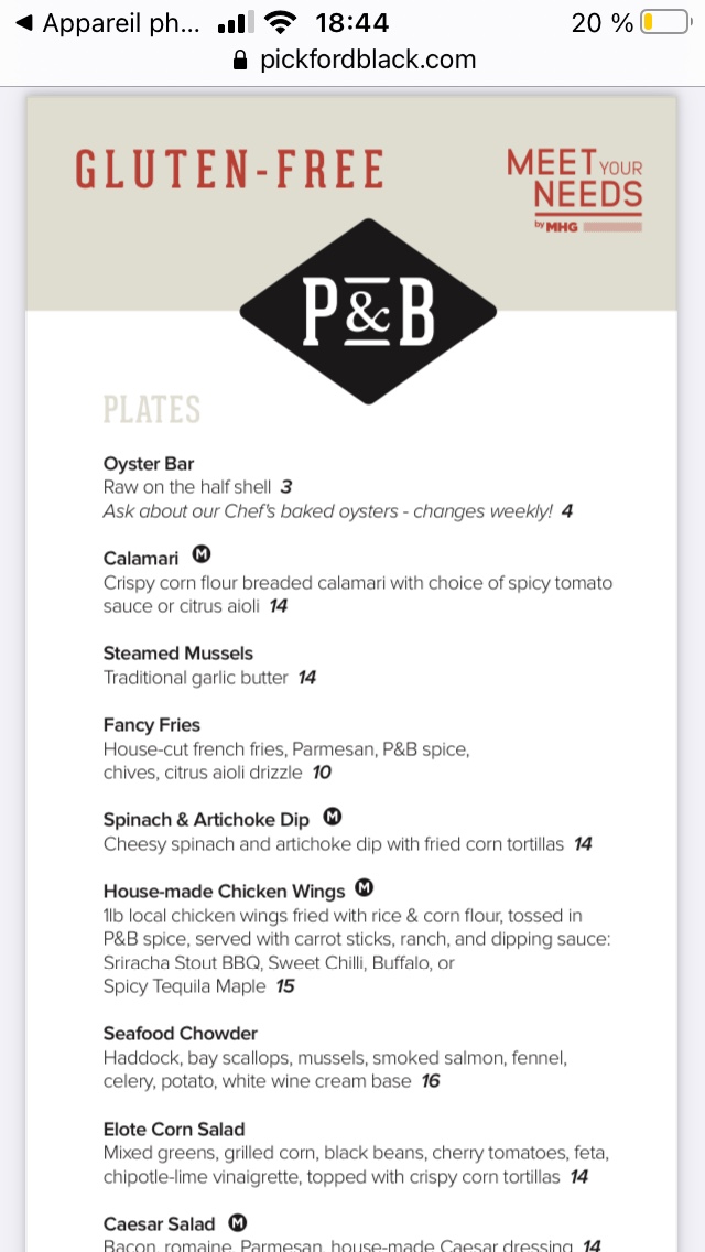 Pickford & Black gluten-free menu