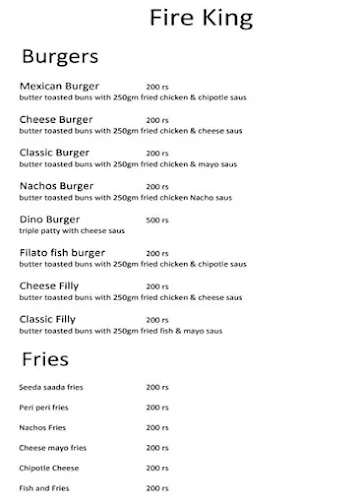 Fire King menu 