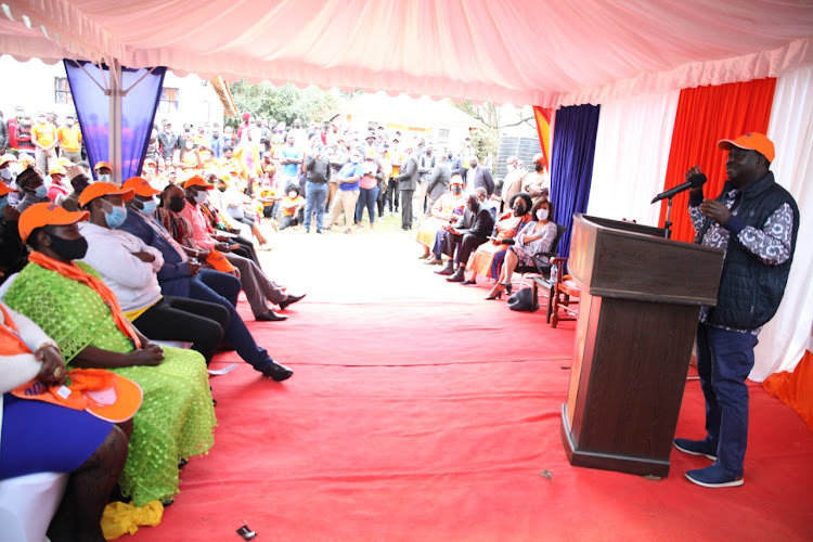 ODM Party leader Raila Odinga addresses a gathered mass of his followers at Chungwa house on September 8, 2021/ CHARLENE MALWA