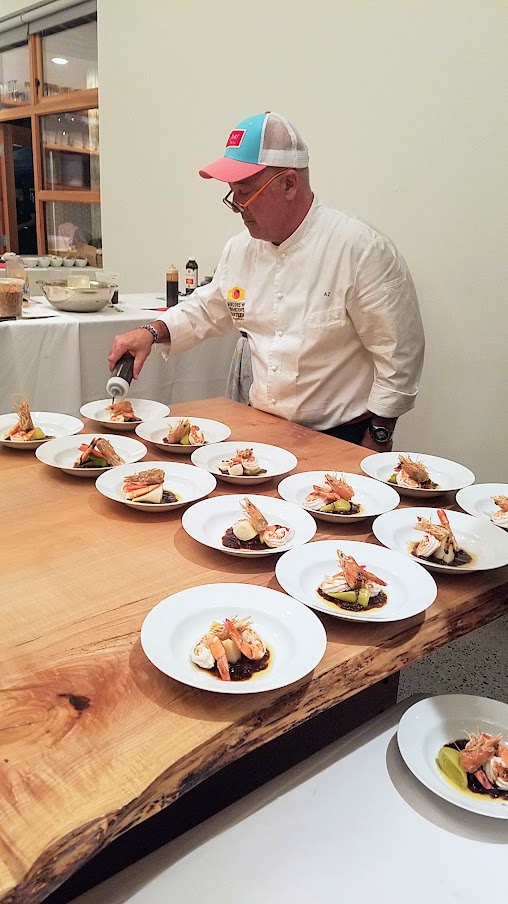 Zero Proof Dinner for Feast 2018 Dinner Series, Leeks and Shrimp with Sichuan Black Bean Vinaigrette by Andrew Zimmern paired with Juice of Green Apples Lightly Smoked with Grape Vine