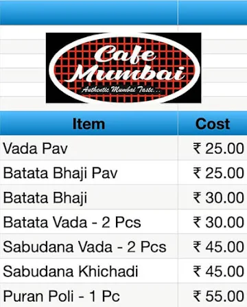 Cafe Mumbai menu 