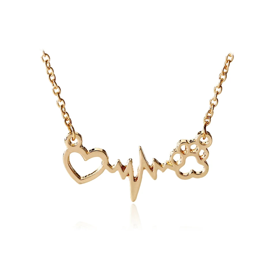 Cute Animal Vintage Jewelry Necklaces Silver Love Cats And Dogs Paws Love Heart Heartbeat Necklace Paw Print Pendants Ne