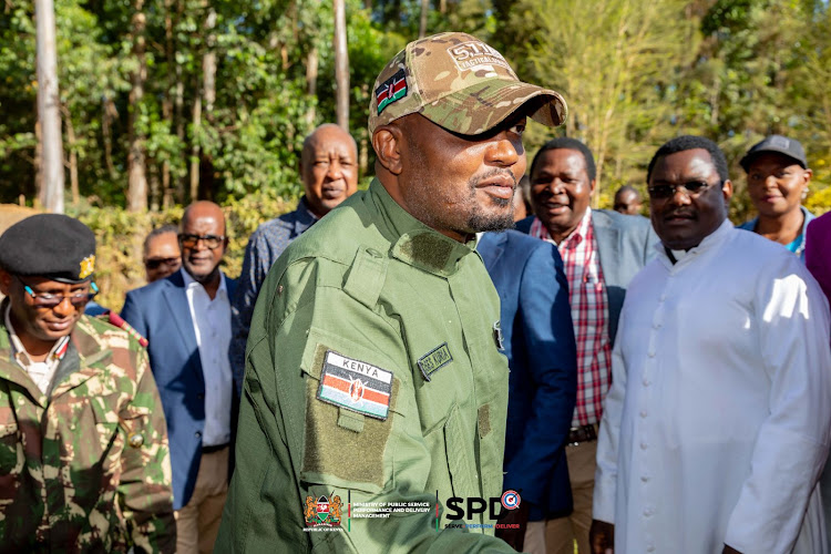 Public service CS Moses Kuria arrives in Nyamira county for the NYS and Vocational Training Centres Mashinani programme tour on March 22, 2024.