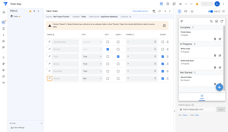 [Data] ペインにも警告が表示されている