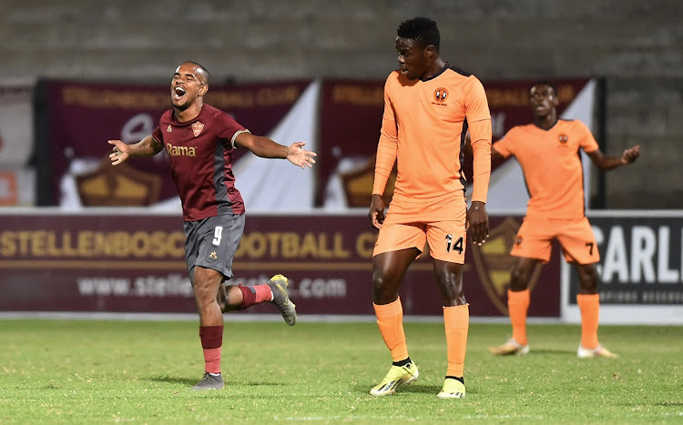 Stellenbosch striker Iqraam Rayners one of his five goals during their DStv Premiership match against Polokwane City at Danie Craven Stadium.