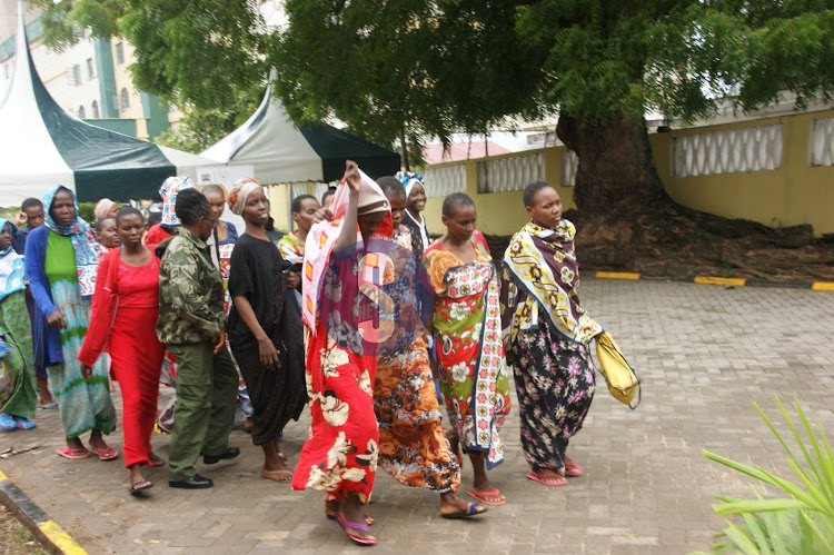 Worshippers of Good News International owned by the preacher Paul Mackenzie leave Mombasa law courts on Thursday, April 25, 2024.