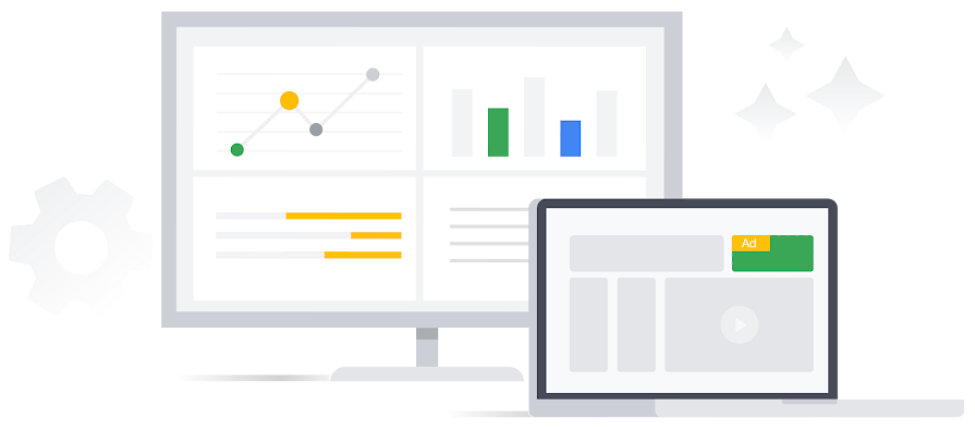 Computer monitor with different graphs. To the right there is a laptop with an illustrated ad.