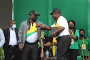 President Cyril Ramaphosa, right, greets Deputy President David Mabuza at the ANC January 8 rally on Saturday at the Peter Mokaba Stadium in Polokwane, Limpopo, to celebrate the party's 110 years in existence.