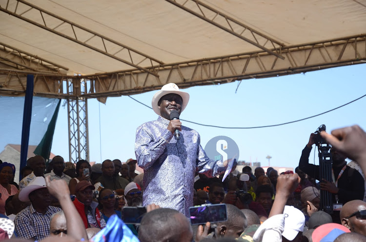 Azimio party leader Raila Odinga addressing Kenyans at Jacaranda grounds on January 29, 2023.