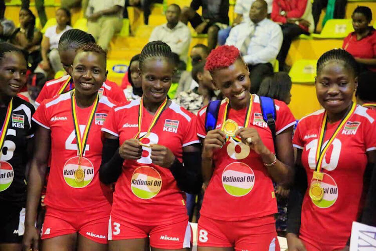 Part of Malkia strikers players parade their medal after winning the All Africa Games qualifier title last month in Uganda.