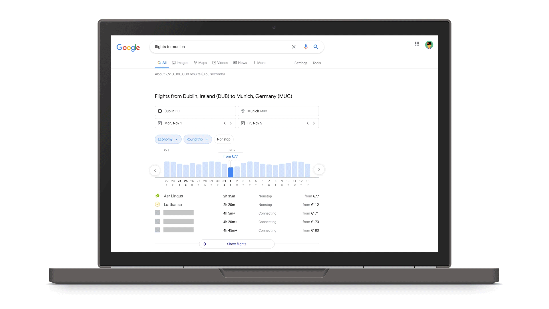 Ilustración de un ordenador con ejemplo de emisiones de carbono de un vuelo y un asiento en Google Flights.