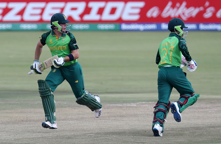 Tyrese Karelse and Luke Beaufort of South Africa during the 2020 ICC U19 Cricket World Cup Super League quarterfinal against Bangladesh at the JB Marks Stadium, Potchefstroom on January 30 2020.