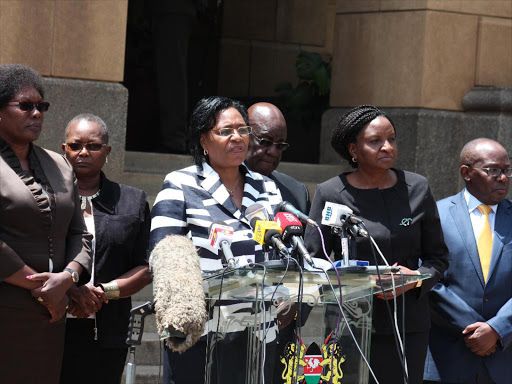 Judicial Service Commission (JSC) Committee chaired by Public Service Commission Chairperson Margaret Kobia addressing the Media on February 3.PHOTO/PHILIP KAMAKYA