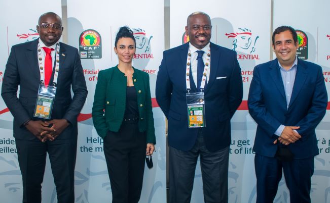 L-R: Brain Nkwenti, CEO Prudential Beneficial Cameroon, Sandra Latorre, Chief of Staff and General Secretary Office, Confederation of African Football (CAF), Eric Mboma, Chief Representative Officer Prudential Northern Africa Region, Javier Oleo, Marketing and Partnership Director, Confederation of African Football (CAF) at the press conference to announce Prudential's sponsorship of African cup of nations (AFCON) in Douala Cameroon.