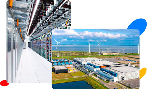 Two overlapping photos. One photo is of the inside of a Google data center, showing rows of servers. The other photo is of the outside of a Google data center with wind turbines in the distance.