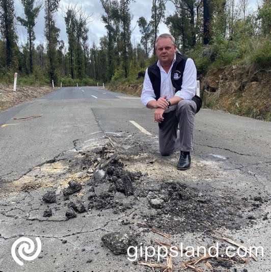 Gippsland East Nationals MP, Tim Bull, inspecting the failing road edges along Bengworden Road, one of many failing road surfaces in East Gippsland