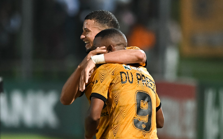 Yusuf Maart of Kaizer Chiefs celebrates scoring with teammate Ashley Du Preez in the Nedbank Cup quarterfinal against Royal AM at Chatsworth Stadium on April 16 2023.