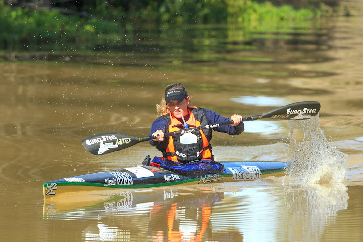 Jenna Nisbet survived a scare in a tree block to remain in control of the women's race on the second stage of the Berg River Canoe Marathon, July 7 2022. Picture: JOHN HISHIN/GAMEPLAN MEDIA