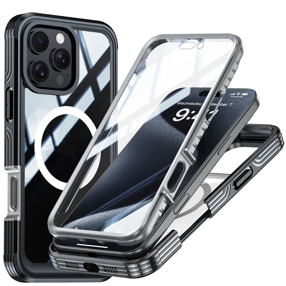 Transparent three-proof magnetic outdoor anti-fall phone case. Provides comprehensive protection against drops, water, a