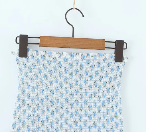 Title 3, Flounced Sleeve Ruffled Blue Floral Elastic Top...